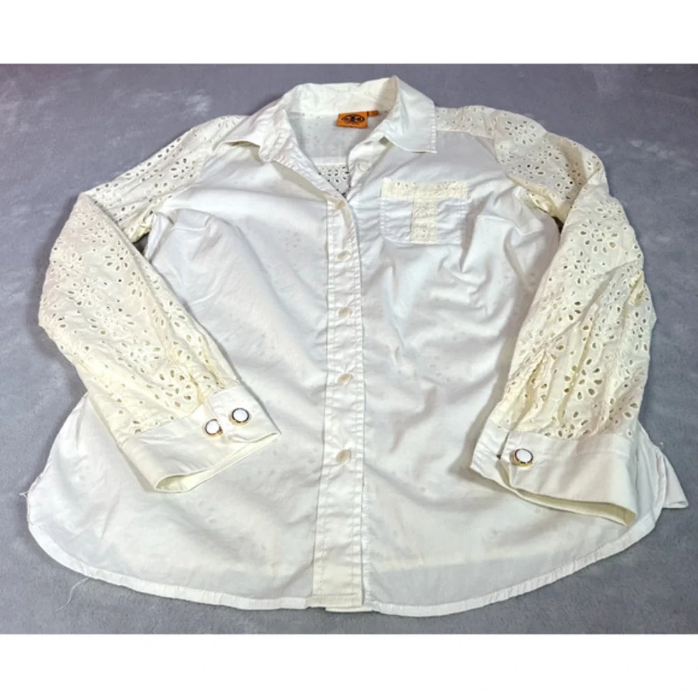 Tory Burch Blouse Womens Size 8 Off White Cream Top Eyelet Button Down Cuff Link